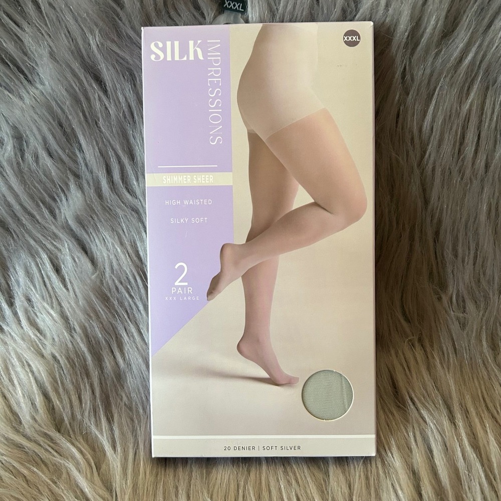 Silk Impressions Sheer Shimmer Tights Women's Size XXXL Soft Silver High Waisted
